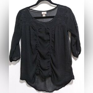 Mossimo Blouse, Black Collarless Round Neck, 1/4 Sleeve